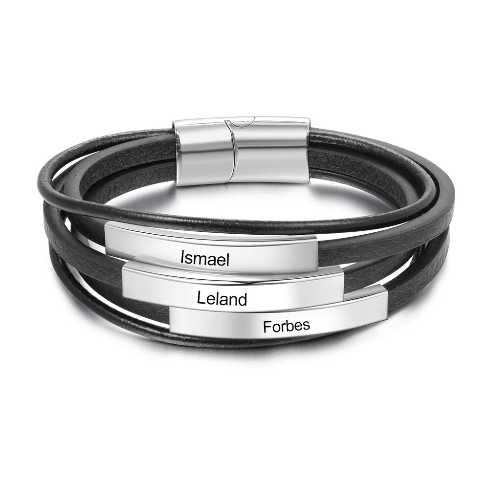 Personalized Engraveable Name Bar Stainless Steel Multilayer Leather Bracelet - Abrahamallen