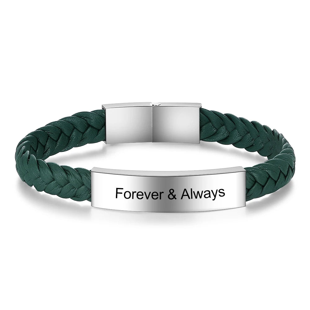 Personalized Engraveable Name Stainless Steel Bar Black Green Brown Braided Rope Wristband Bracelet - Abrahamallen