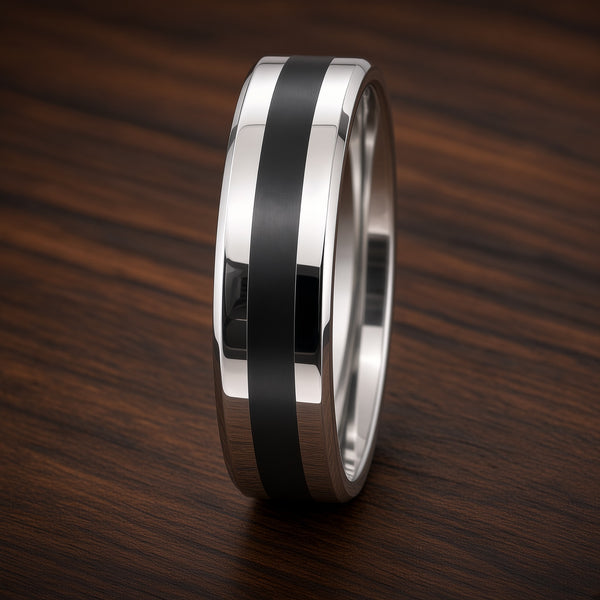 The Monarch | Silver Titanium Wedding Ring with Black Centre Inlay