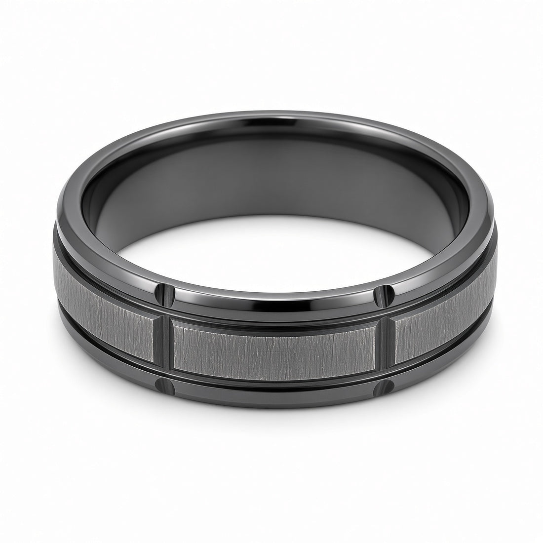 The Blackridge | Black Titanium Wedding Ring with Faceted Centre & Precision Groove Detailing