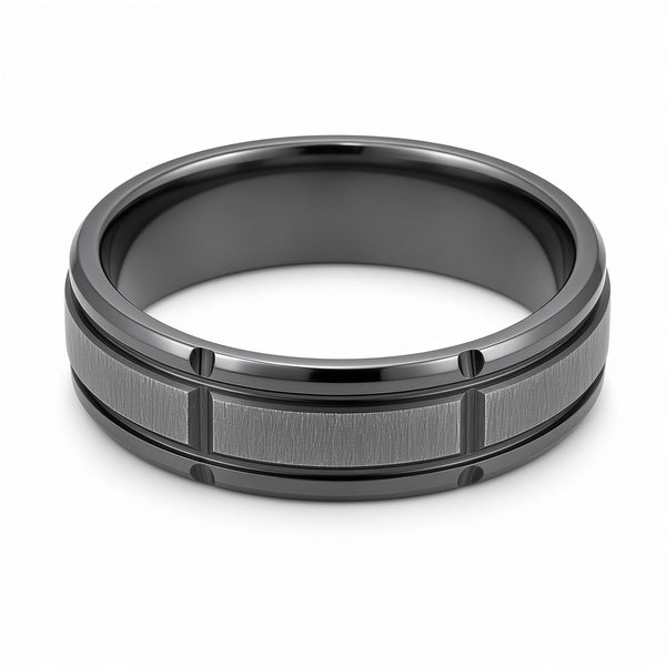 The Blackridge | Black Titanium Wedding Ring with Faceted Centre & Precision Groove Detailing