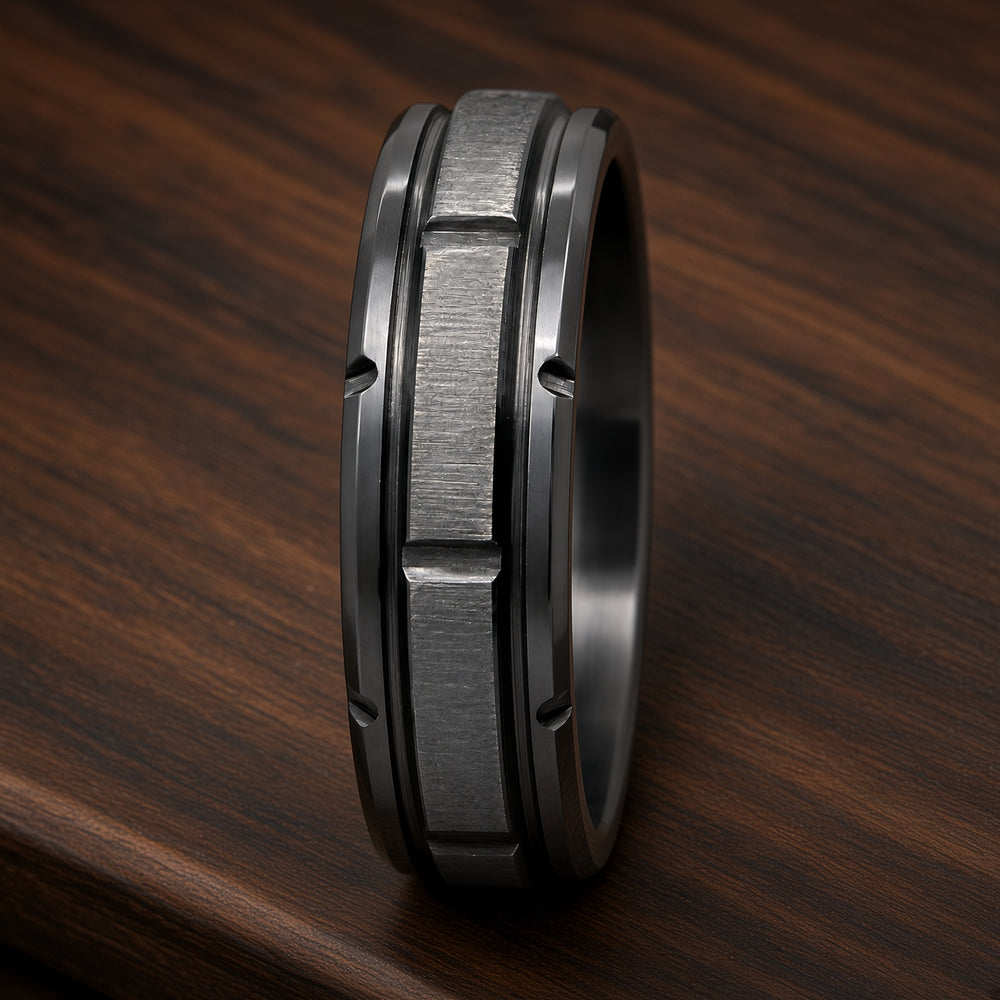 The Blackridge | Black Titanium Wedding Ring with Faceted Centre & Precision Groove Detailing