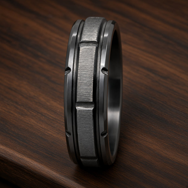 The Blackridge | Black Titanium Wedding Ring with Faceted Centre & Precision Groove Detailing