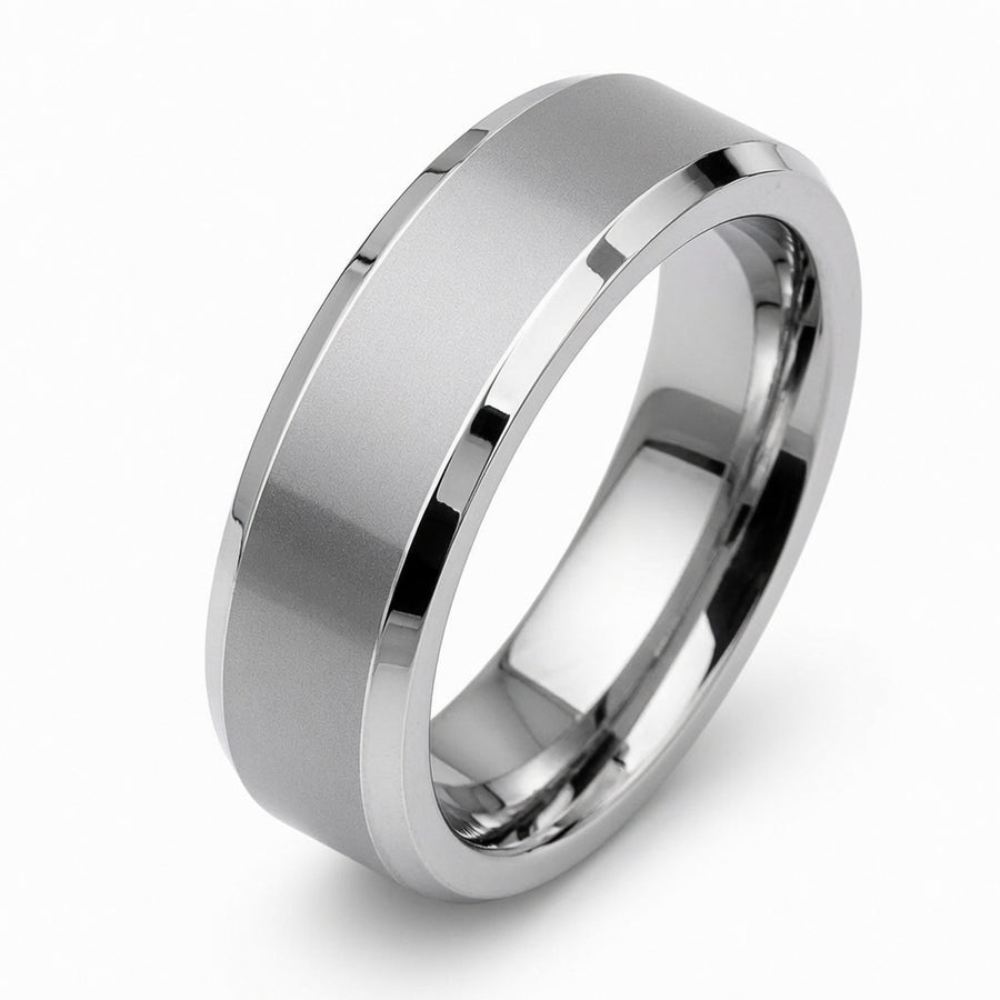 The Harrington | Silver Tungsten Wedding Ring with Polished Bevelled Edges