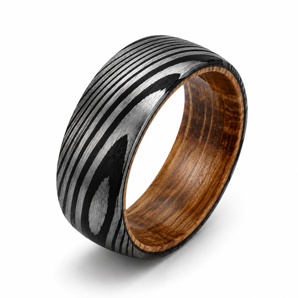 The Iron Oak | Damascus Pattern Ring with Whiskey Barrel Wood Interior | 6mm, 8mm
