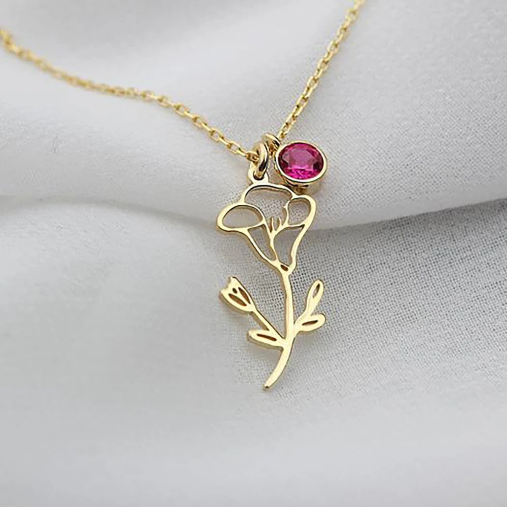 Personalized Flower with Birthstone Pendant Necklace - Abrahamallen