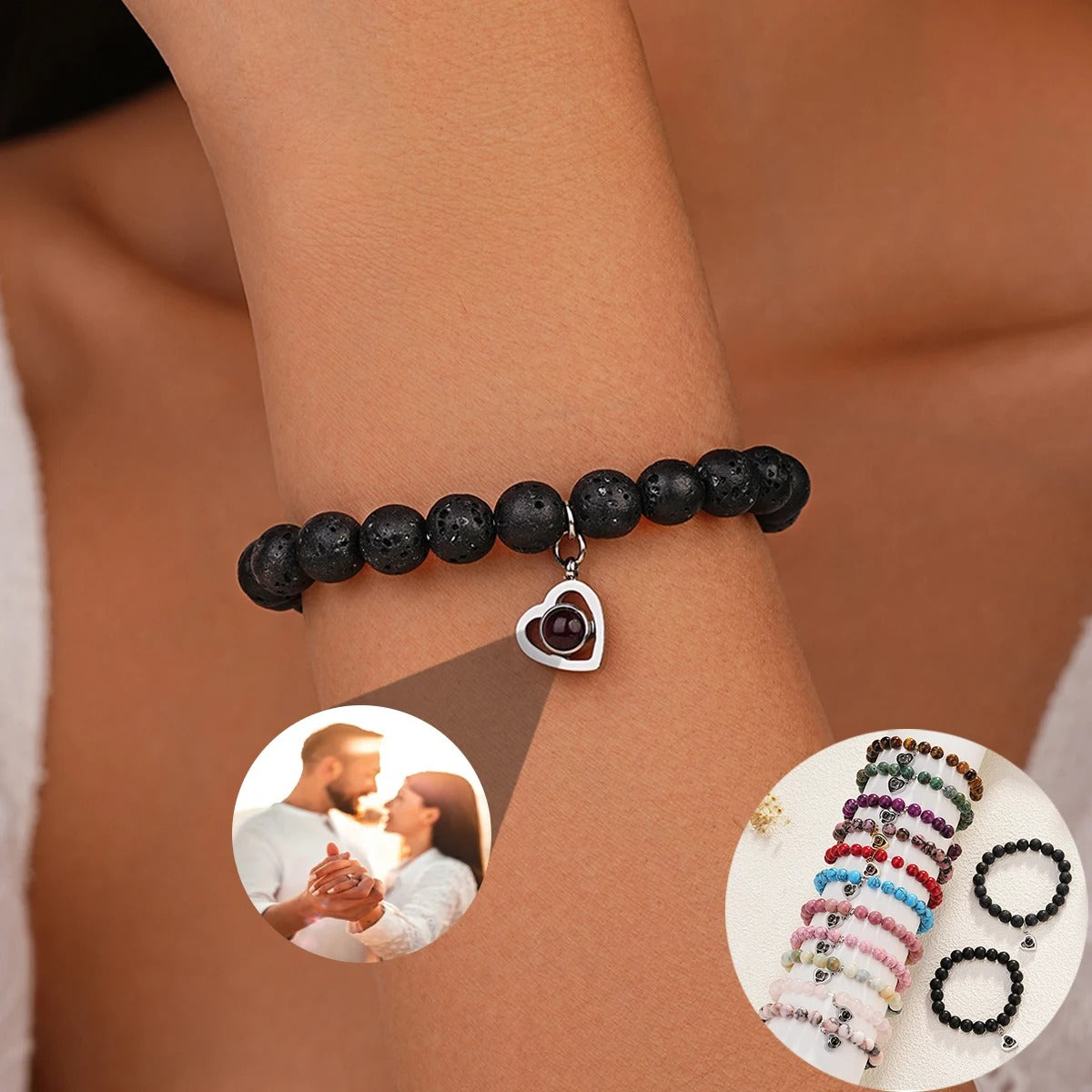 Personalized Photo Projection Heart Natural Stones Bracelet - Abrahamallen