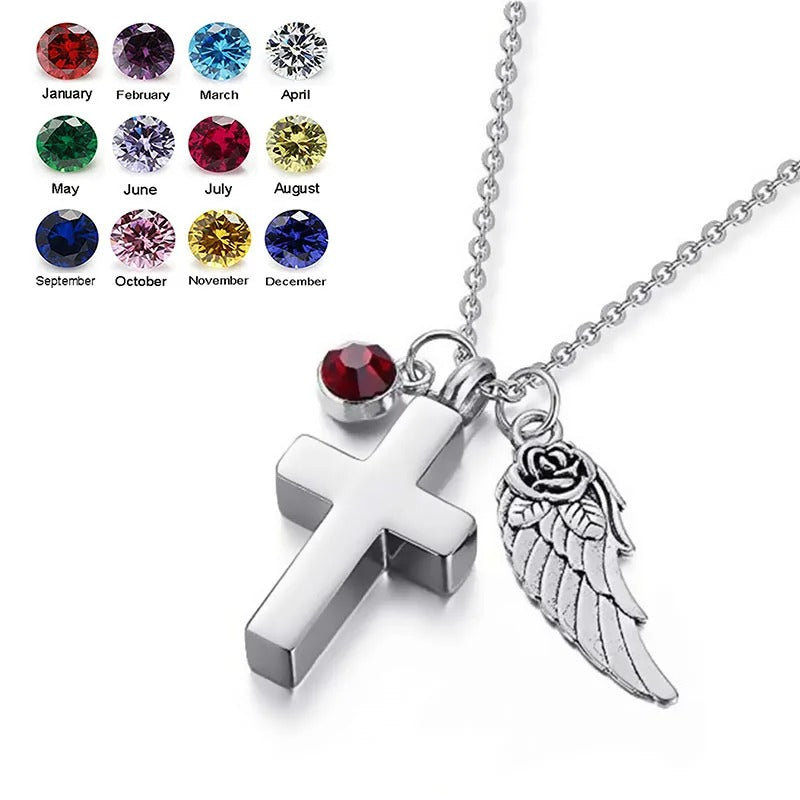 Cremation Cross Urn with Birthstone and Angel Wings Pendants Necklace - Abrahamallen