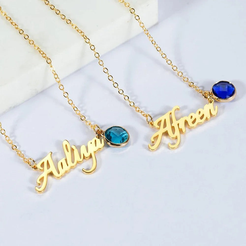 Customized Initial Name Pendant with Birthstone Necklace - Abrahamallen