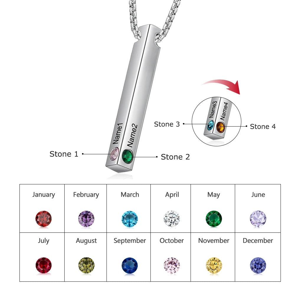 Customized Engraveable 1-4 Name and Birthstone Pendant Necklace - Abrahamallen