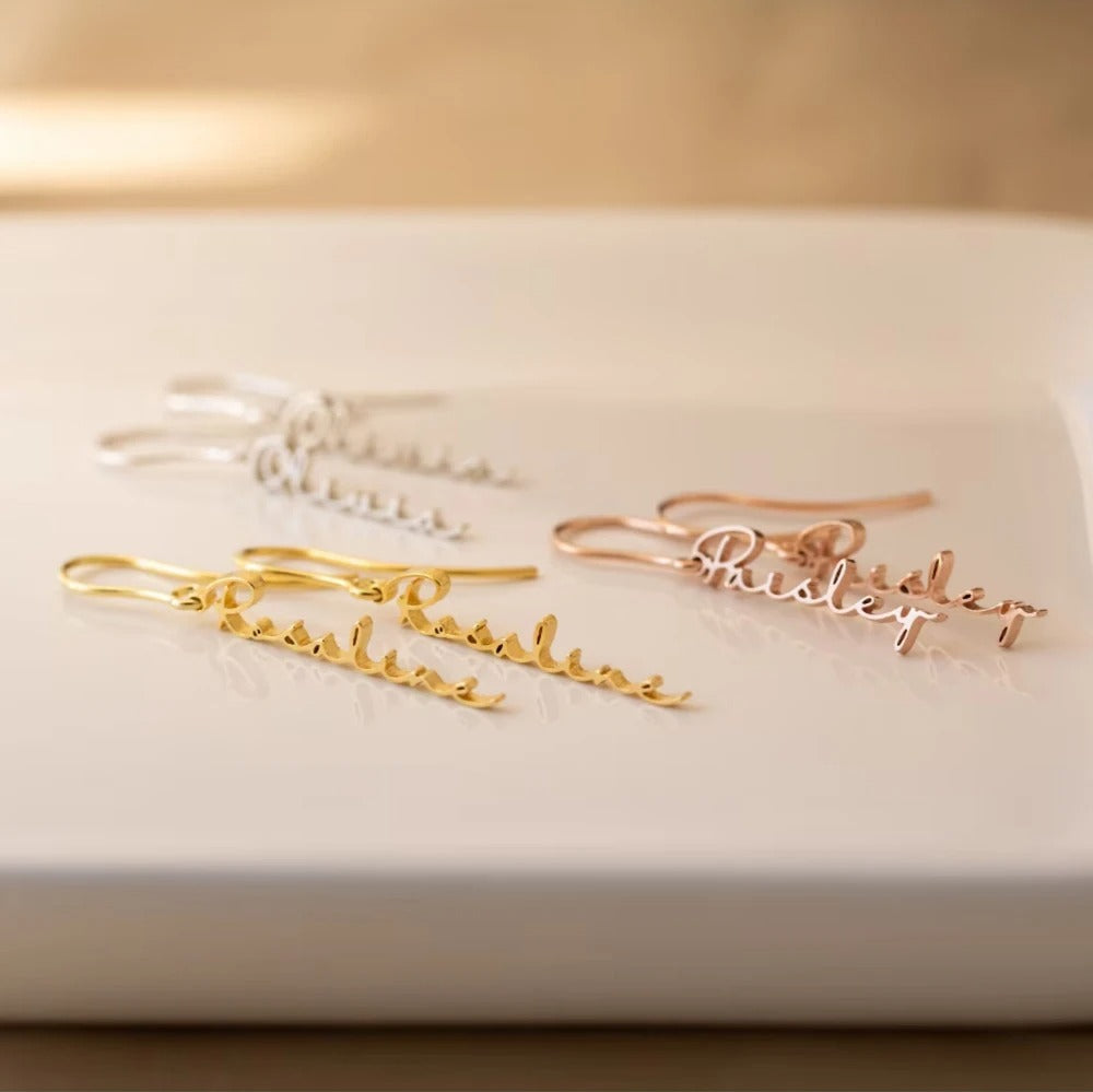 Personalized Dainty Cursive Dangling Earrings - Abrahamallen