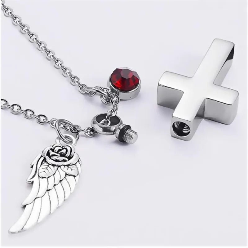 Cremation Cross Urn with Birthstone and Angel Wings Pendants Necklace - Abrahamallen