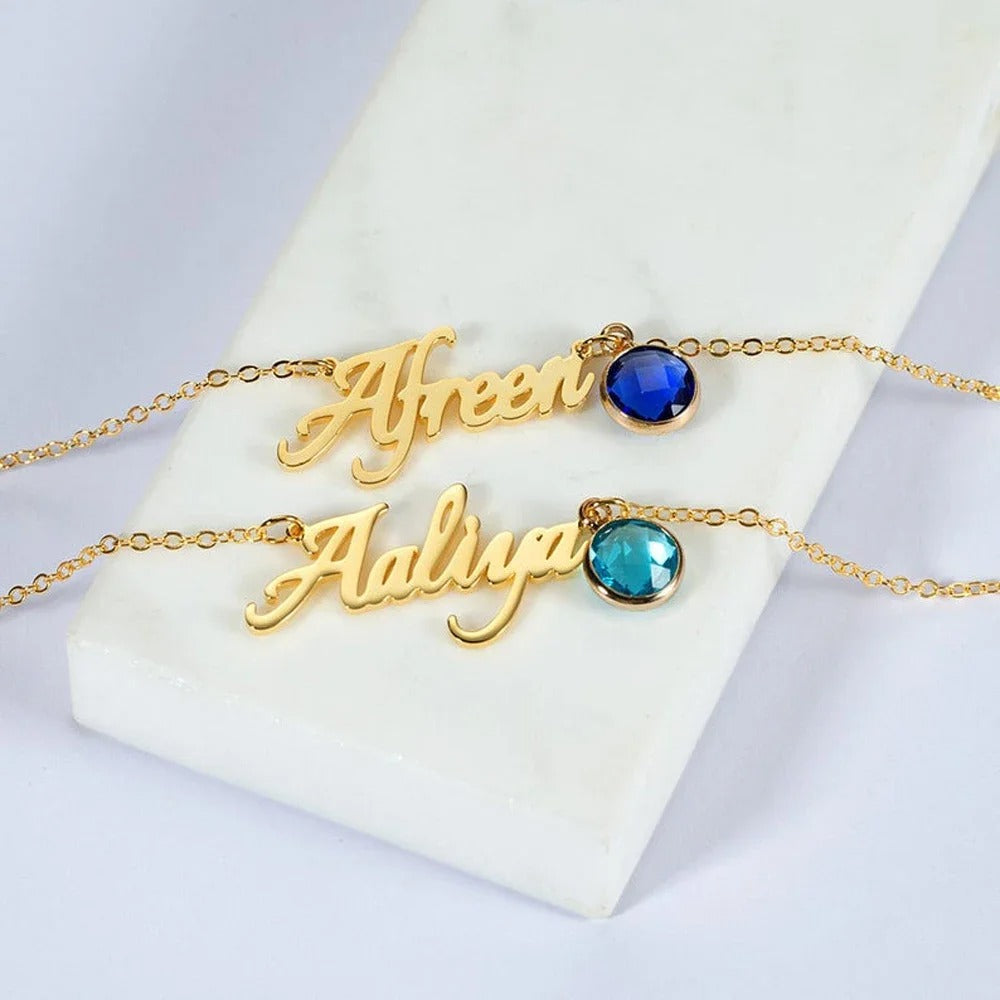 Customized Initial Name Pendant with Birthstone Necklace - Abrahamallen