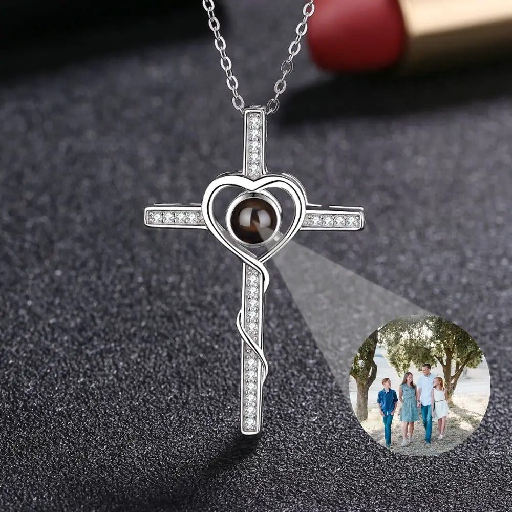 Projection Personalized Cross Photo Pendant Necklace in Sterling Silver - Abrahamallen