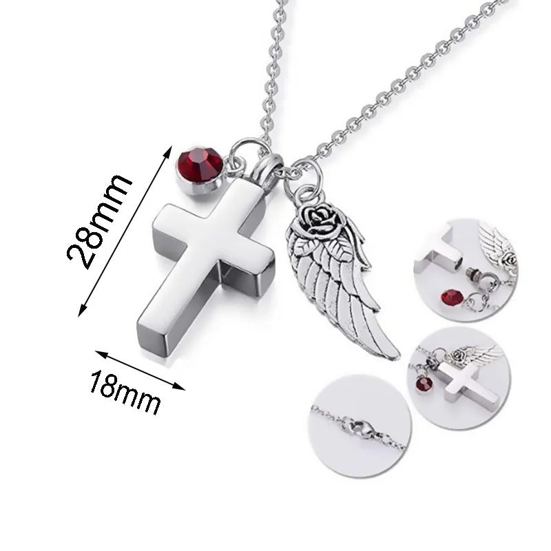 Cremation Cross Urn with Birthstone and Angel Wings Pendants Necklace - Abrahamallen