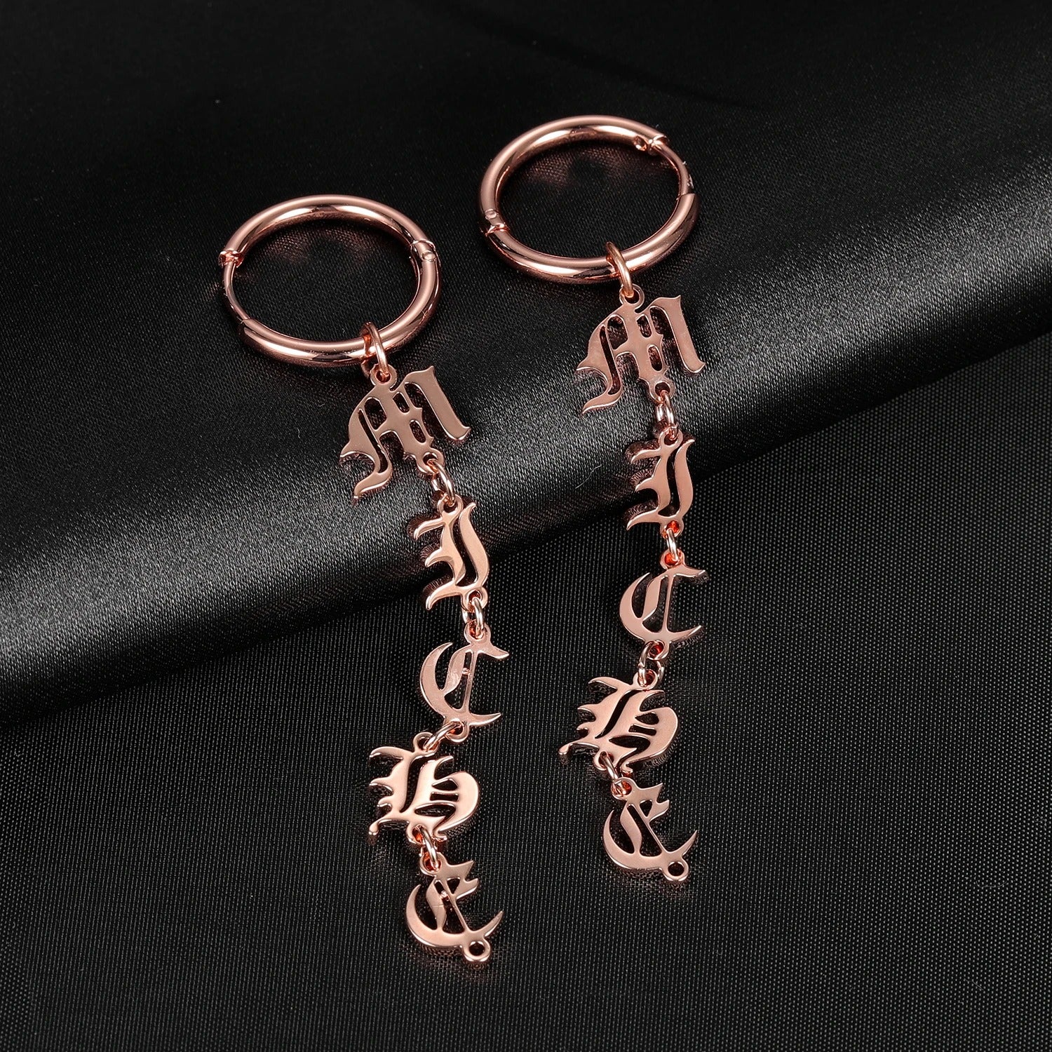 Personalized Vertical Old English Font Dangling Earrings - Abrahamallen