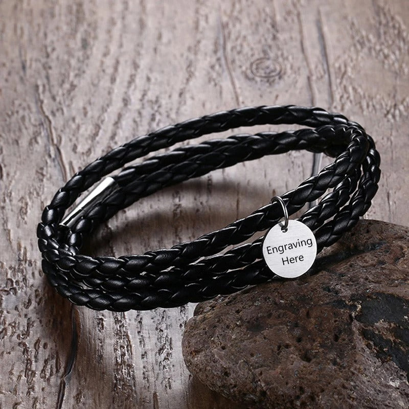 Personalized Engraveable Name Leather Stainless Steel Jewelry Bracelets - Abrahamallen