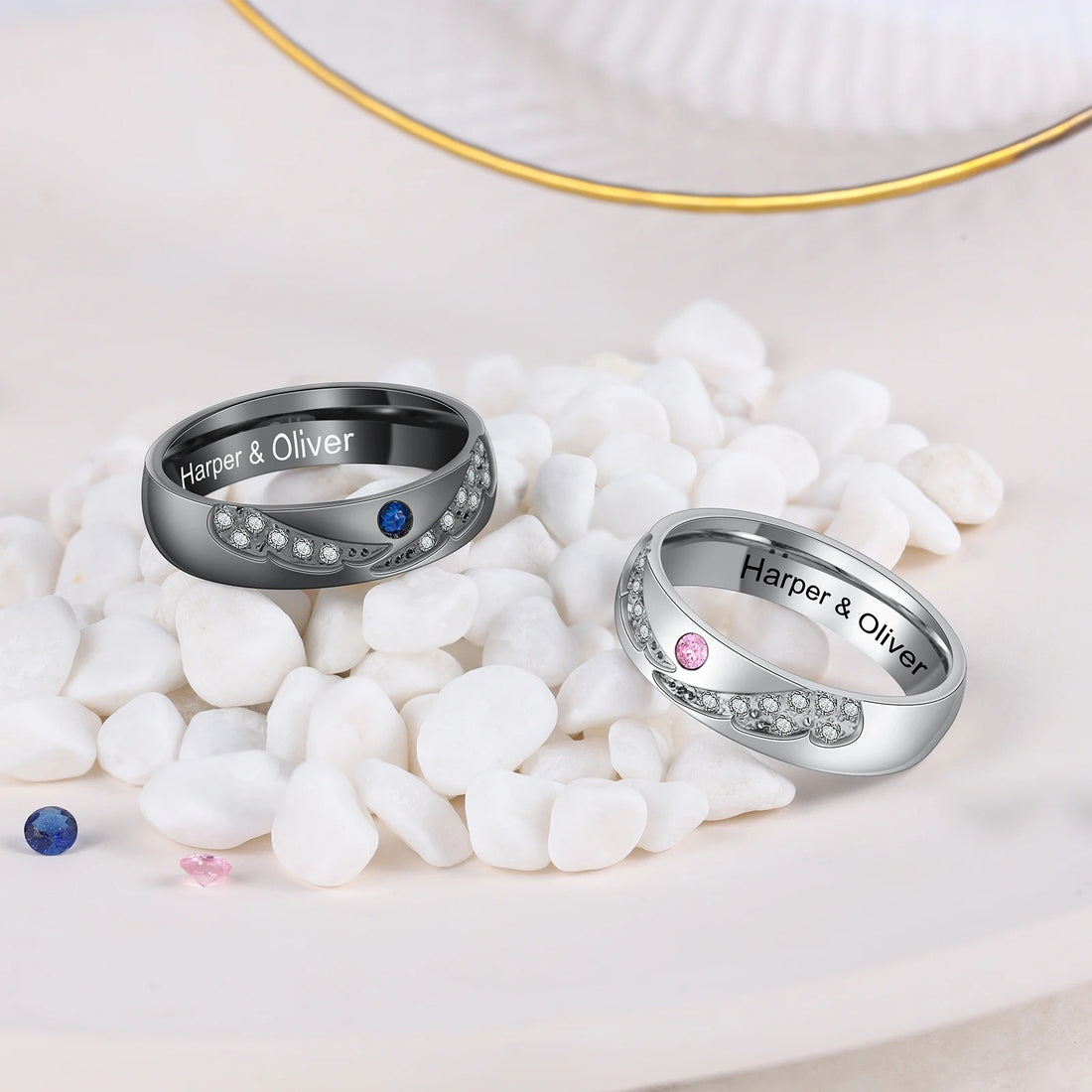 Personalized Inscription and Birthstone Couple's Rings - Abrahamallen