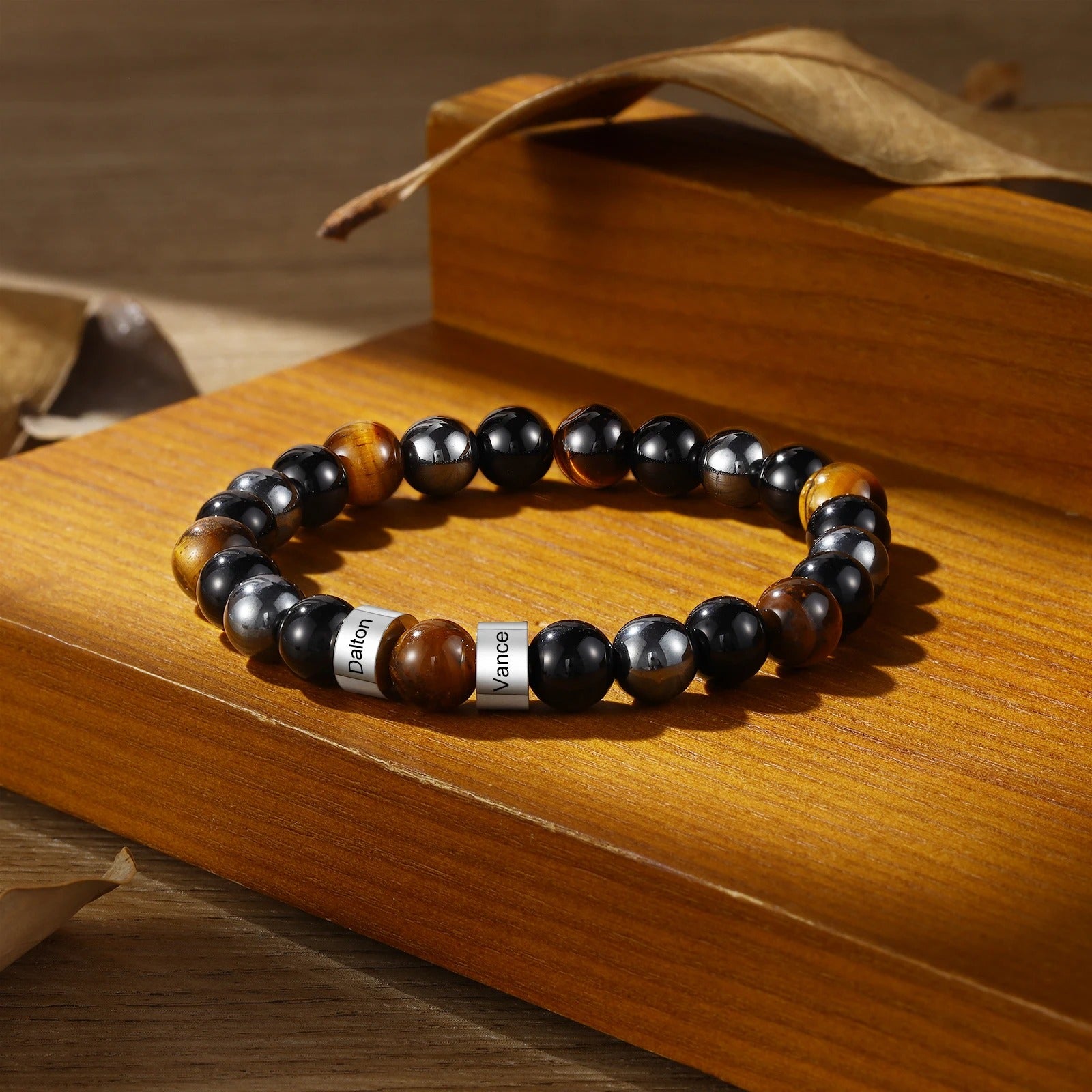 Personalized Name Engraved Obsidian Tiger Eye Stone Beaded Bracelets - Abrahamallen