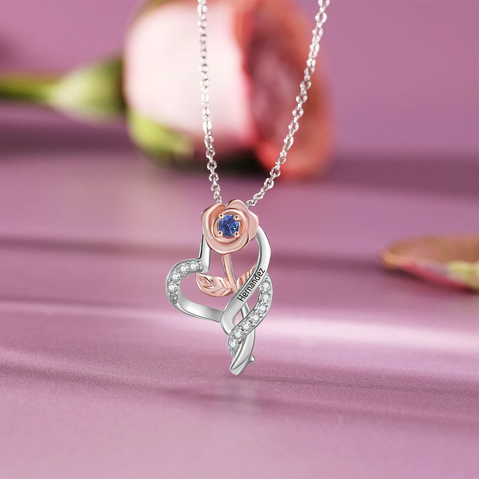 Birthstone Flower Engraveable Name Pendant Necklace - Abrahamallen