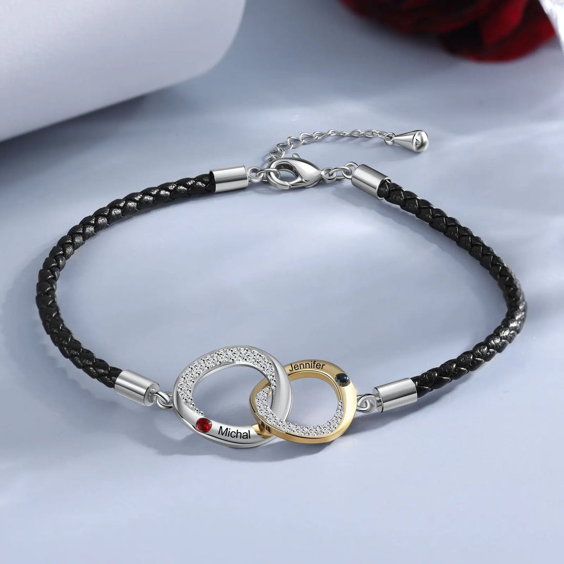 Personalized Engraveable Couple Name Black Leather Interlocked Knot Bracelets - Abrahamallen