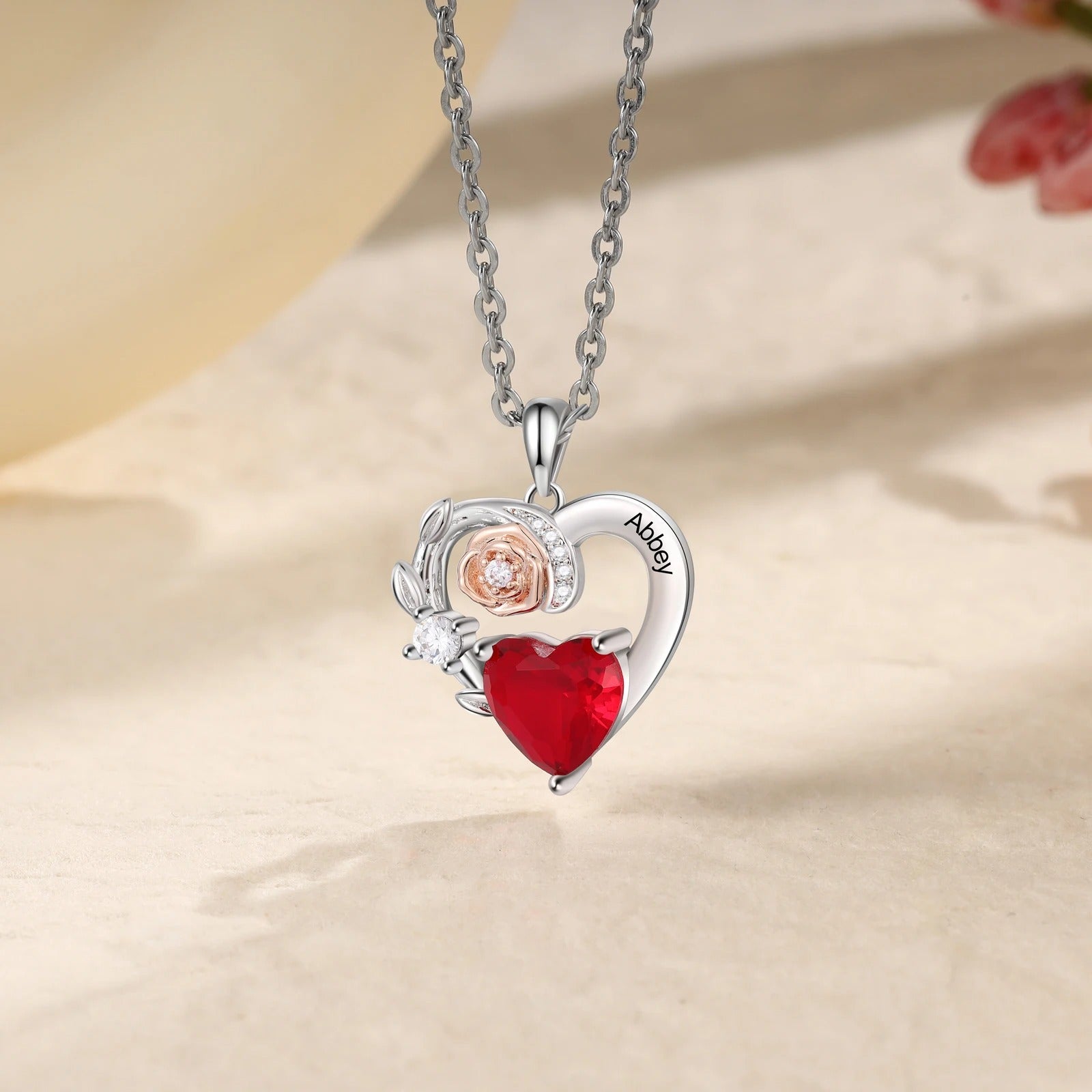 Birthstone Customized Engraveable Name Heart Pendant Necklace - Abrahamallen