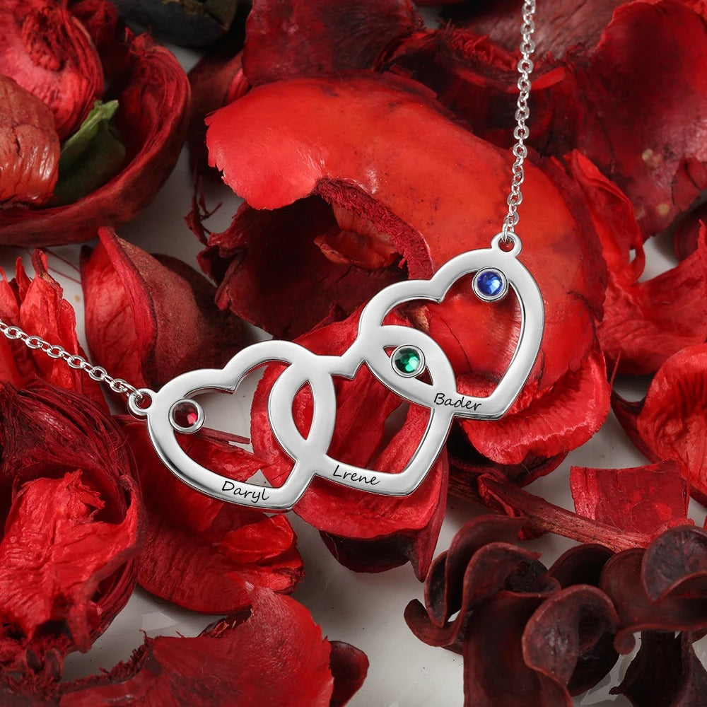 Birthstone Customized Engraveable Interlocked Heart Pendant Necklace - Abrahamallen