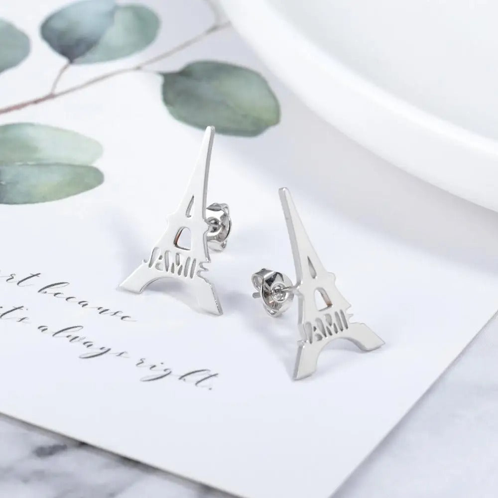 Personalized Eiffel Tower Style Stud Earrings - Abrahamallen