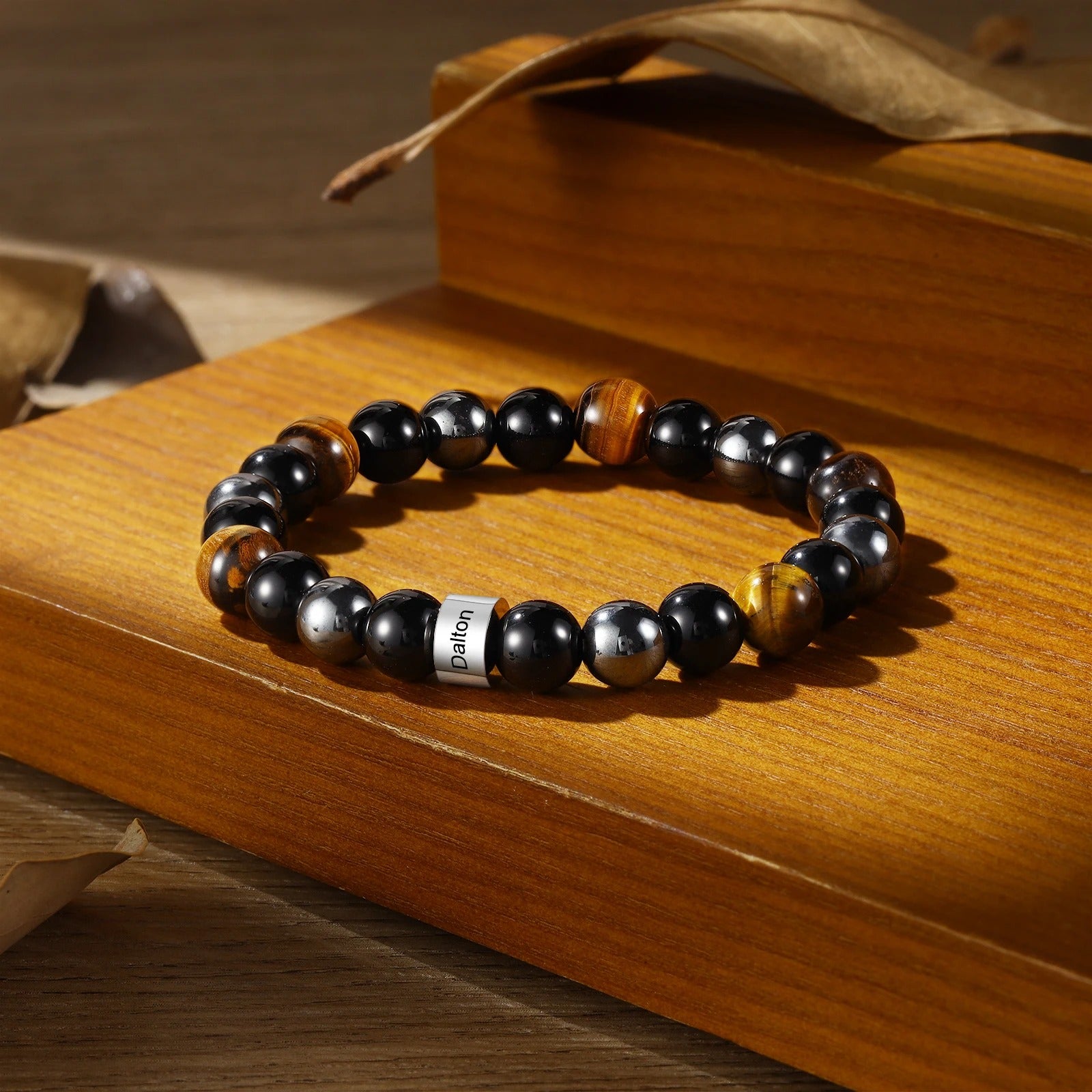 Personalized Name Engraved Obsidian Tiger Eye Stone Beaded Bracelets - Abrahamallen