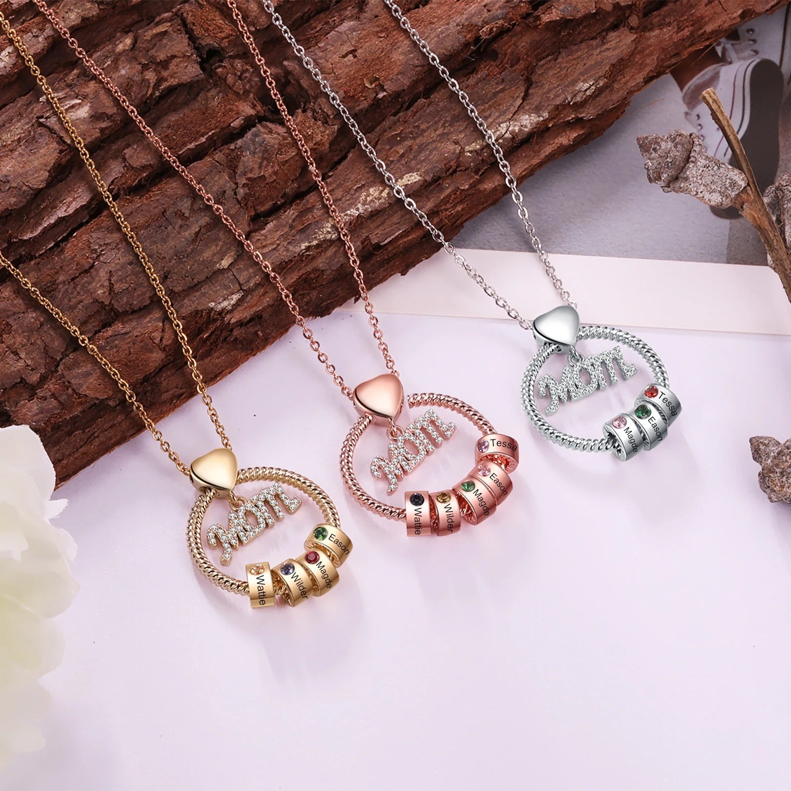 Customized Engraveable Mum 1-5 Name and Birthstone Pendant Necklace - Abrahamallen