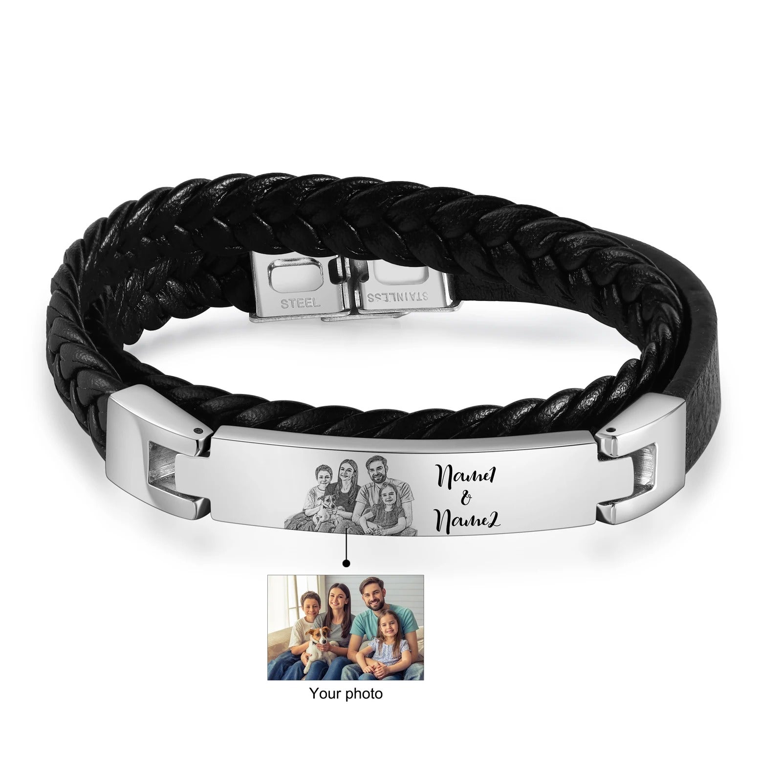 Personalized Photo Engraveable Name Leather Stainless Steel Bracelets - Abrahamallen