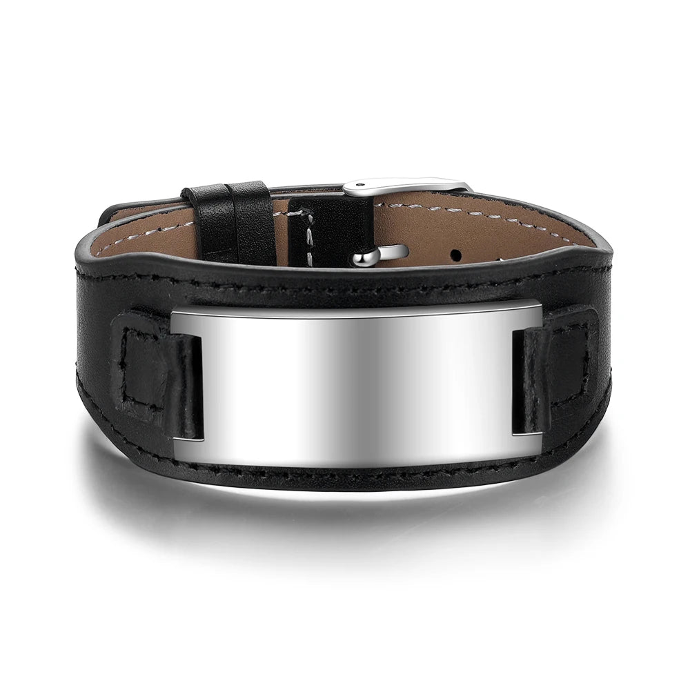 Personalized Stainless Steel ID Wide Black Leather Bracelets - Abrahamallen