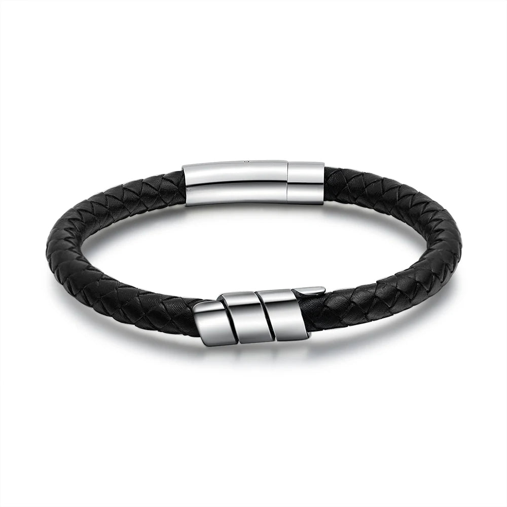 Personalized Engraveable Name stainless Steel Black Leather Bracelet - Abrahamallen