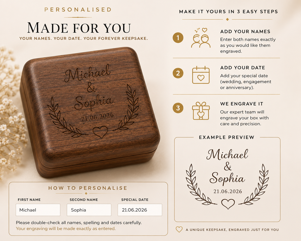 Personalised Wooden Wedding Ring Box – Custom Engraved Keepsake