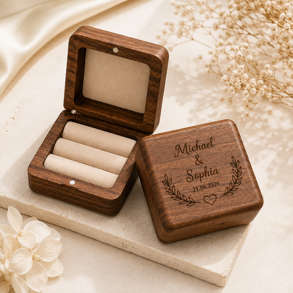 Personalised Wooden Wedding Ring Box – Custom Engraved Keepsake