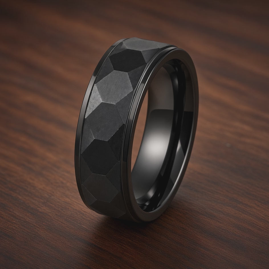 THE BLACKSTONE | Faceted Black Tungsten Wedding Ring