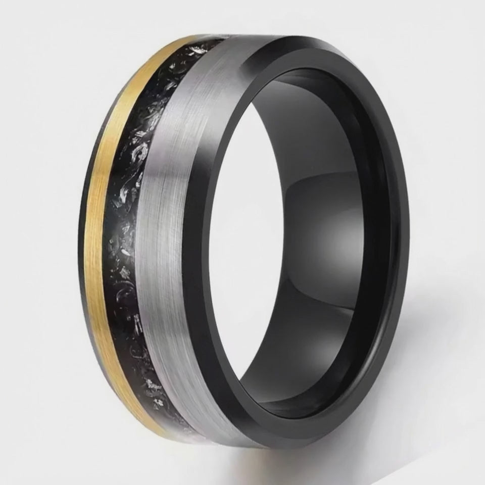 The Nebula | Brushed Tungsten Ring with Meteorite Inlay & Gold Accent