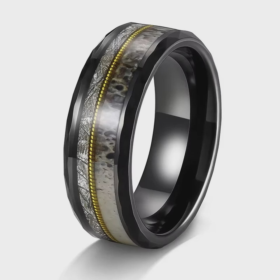 The Marquis | Tungsten Carbide Ring with Gold Guitar String, Genuine Antler Inlay | 8mm