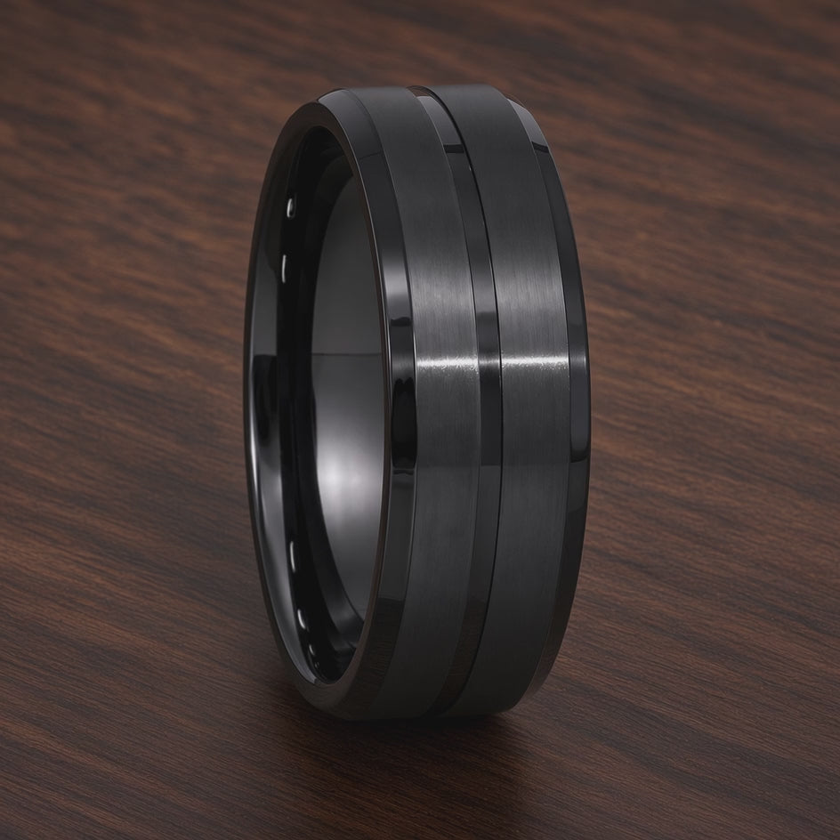 The Blackstone | Black Titanium Wedding Ring with Brushed Centre & Twin Precision Grooves