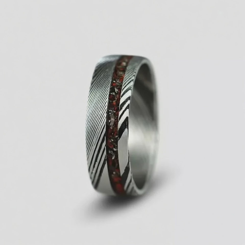 The Phantom | Damascus Steel Ring with Genuine Meteorite Inlay | 8mm