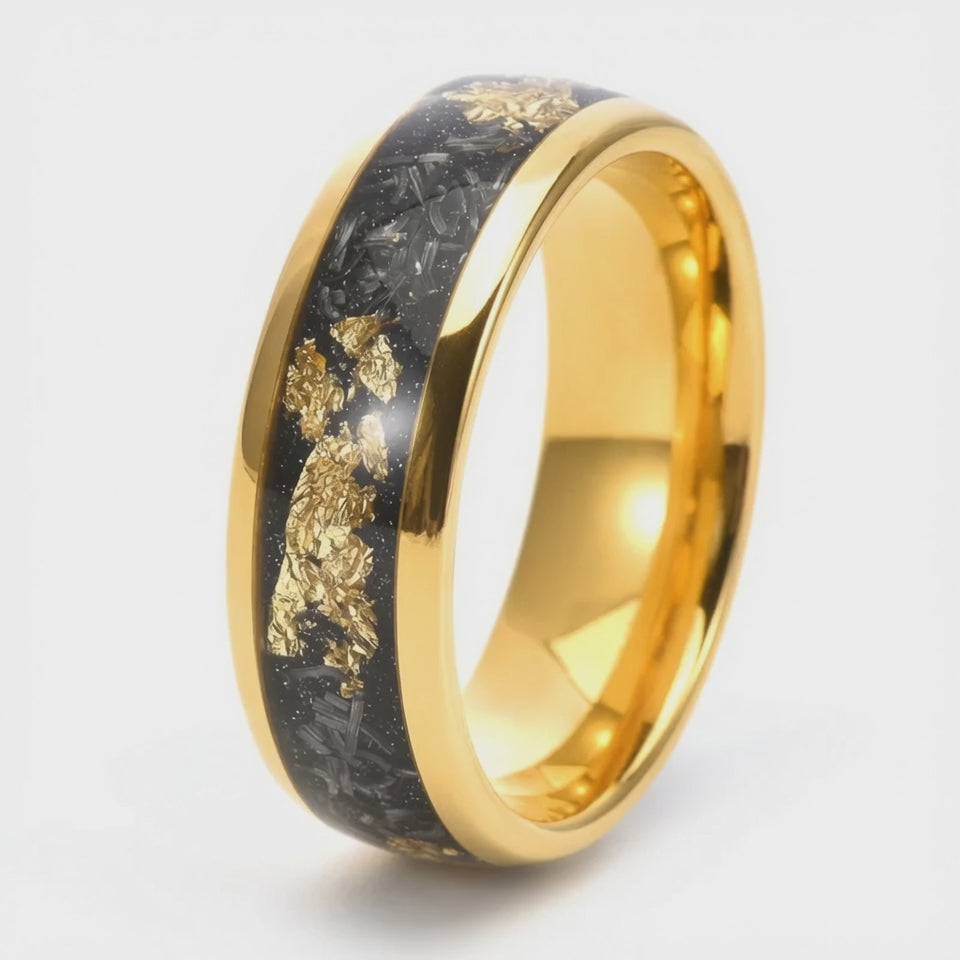 BlackGold Horizon – Black Tungsten Ring with 24K Gold Flake & Carbon Fibre Inlay | 4mm & 8mm