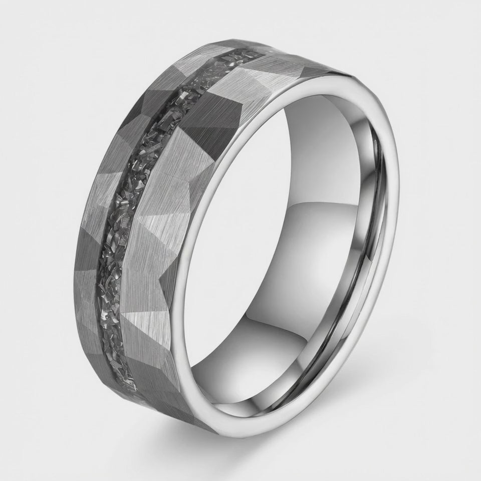 The Astraeus | Meteorite Inlay Faceted Tungsten Wedding Ring
