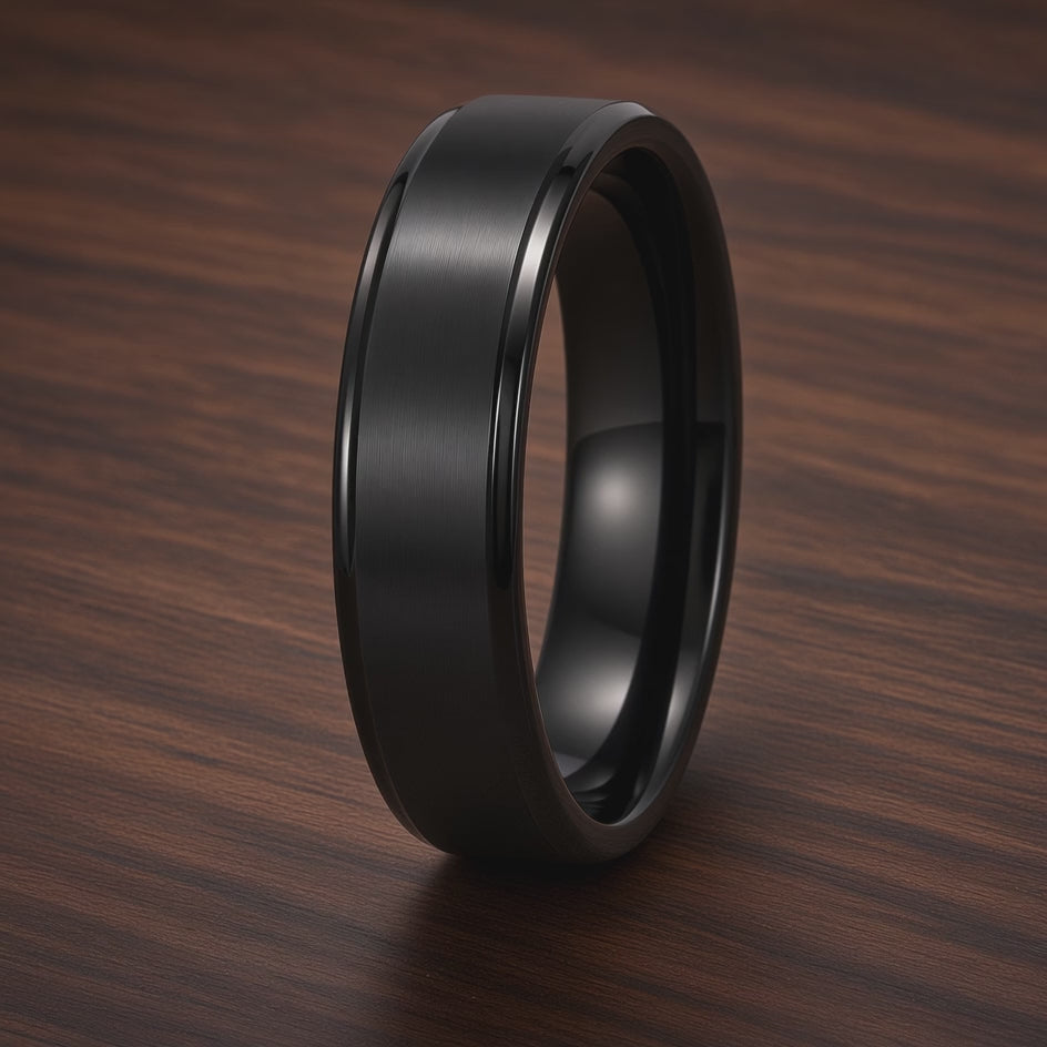 The Onyxford | Black Brushed Titanium Wedding Ring with Polished Edges