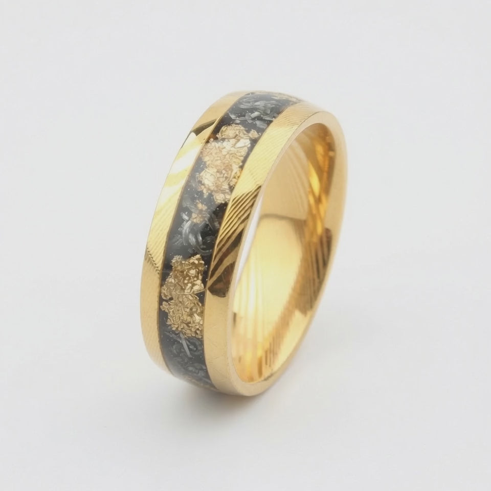 The Sovereign Vein | Damascus Ring with Genuine Meteorite & Gold Flakes Inlay | 6mm, 8mm