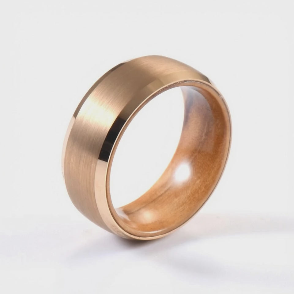 The Maverick | Brushed Gold & Whiskey Barrel Wood Ring | Men's Wedding Band | 6mm, 8mm
