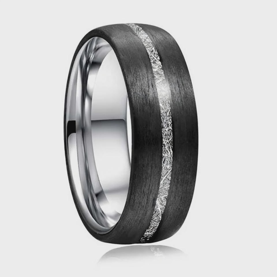 The Noir | Brushed Tungsten Ring with Silver Carbon Inlay | 8mm