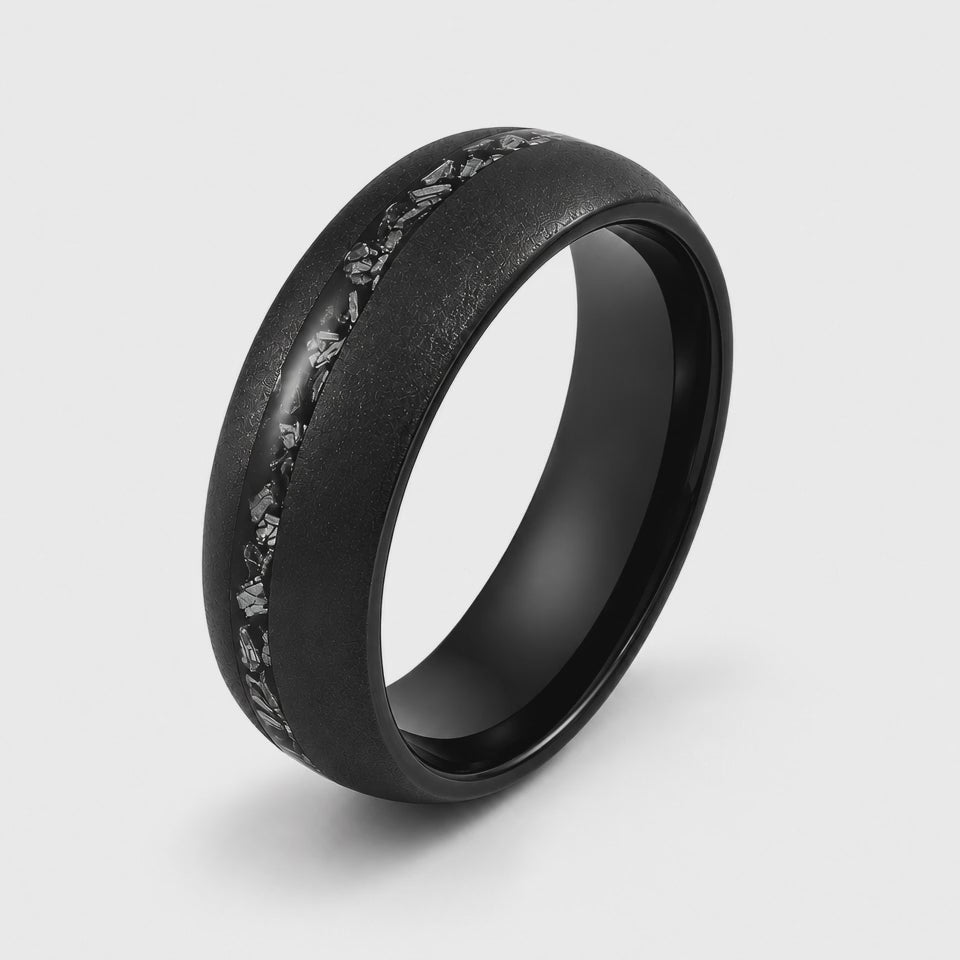 The Astral | Black Tungsten & Crushed Meteorite Inlay Ring | 6mm, 8mm