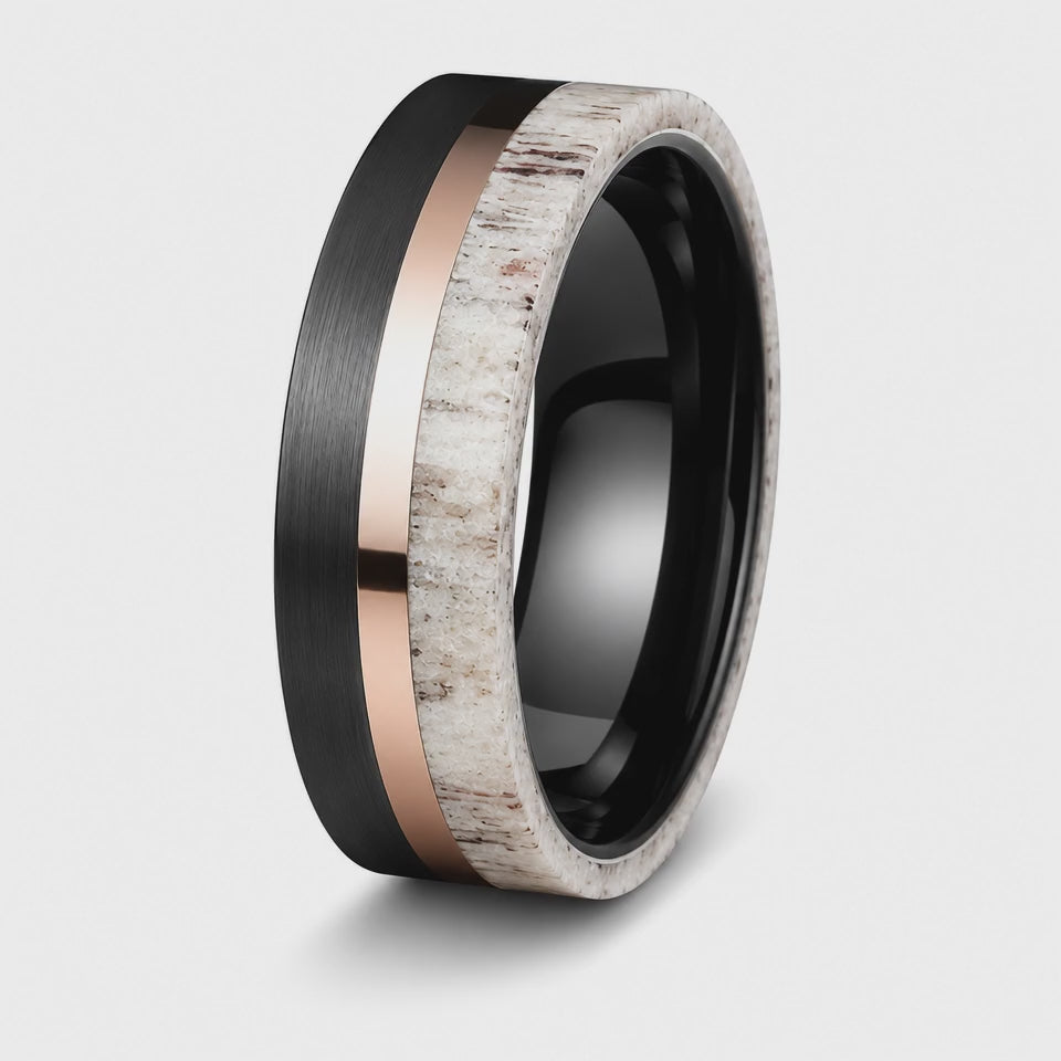 The Oakheart Set | Black Tungsten • Rose Gold • Genuine Antler Inlay | 4mm & 6mm