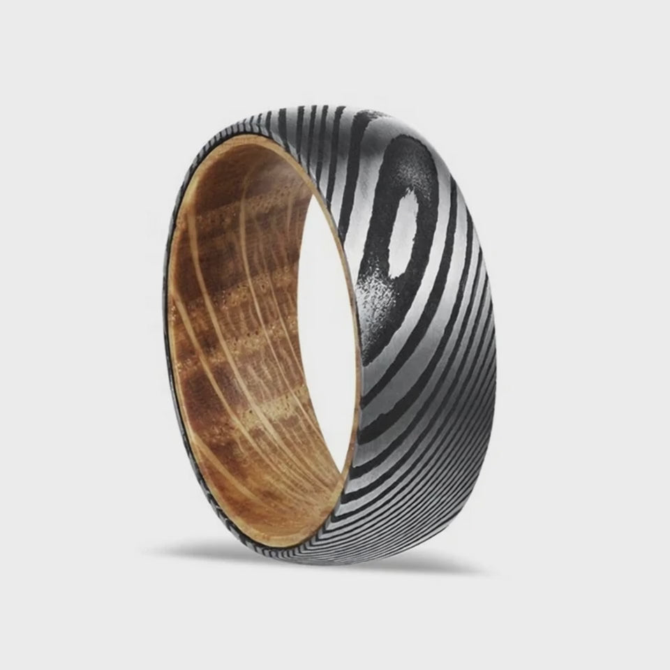 The Iron Oak | Damascus Pattern Ring with Whiskey Barrel Wood Interior | 6mm, 8mm