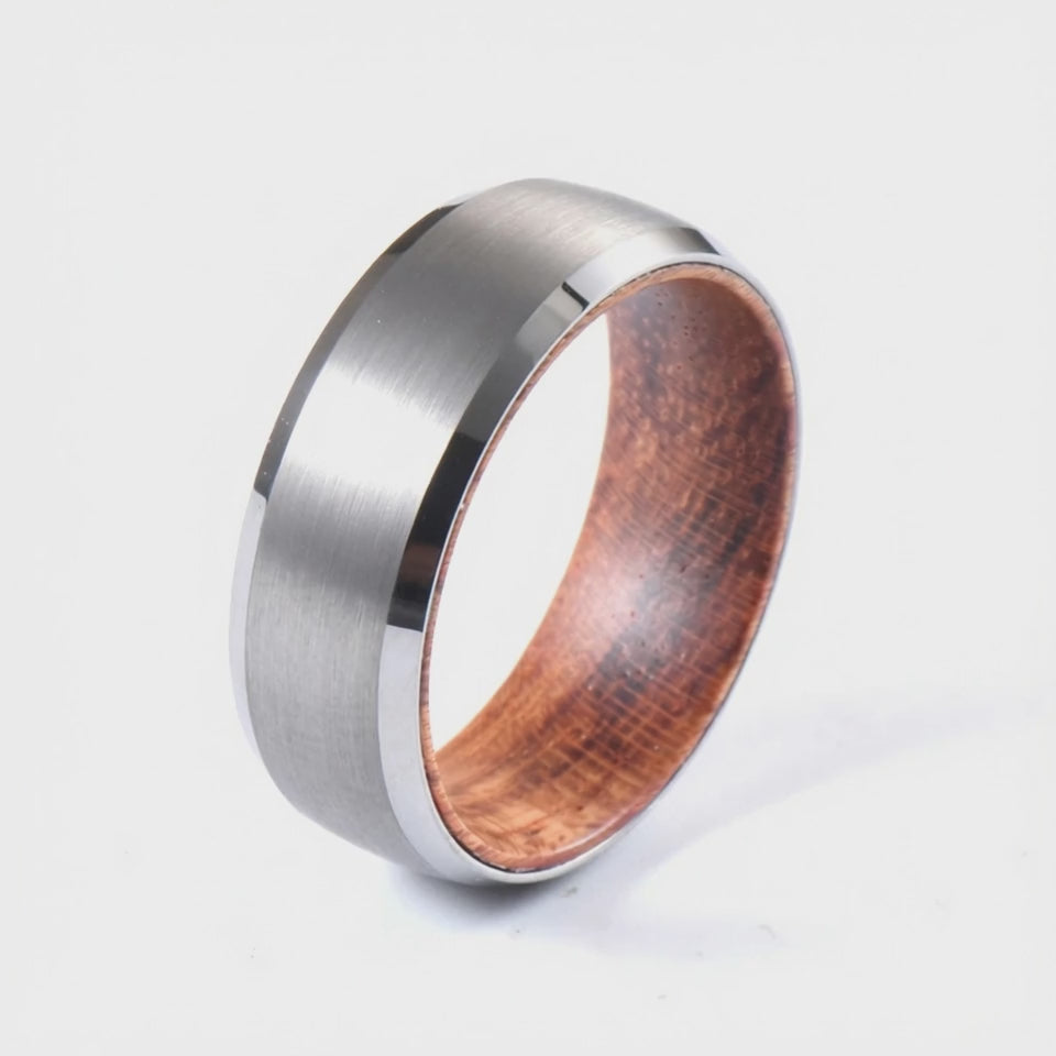 The Cooper | Whiskey Barrel Wood & Brushed Silver Tungsten Ring | 6mm, 8mm